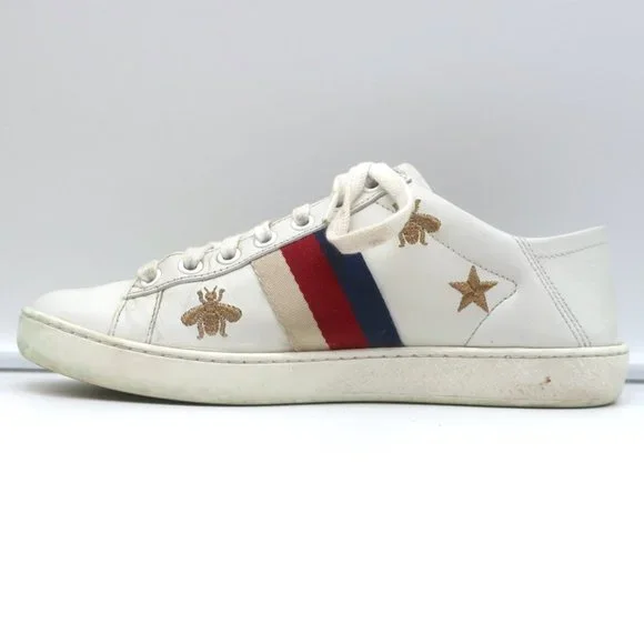 GUCCI ACE BEES & STARS EMBROIDERED SNEAKERS WHITE LEATHER SIZE 35.5 (Runs Large) - Picture 8 of 12